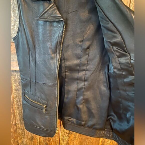 DS Sz L Black Vintage 100% Leather Motorcycle Zip Front Pocket Vest - Picture 5 of 9
